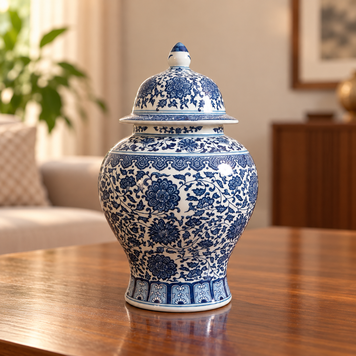 Ming Blue Lotus Ceramic Temple Jar