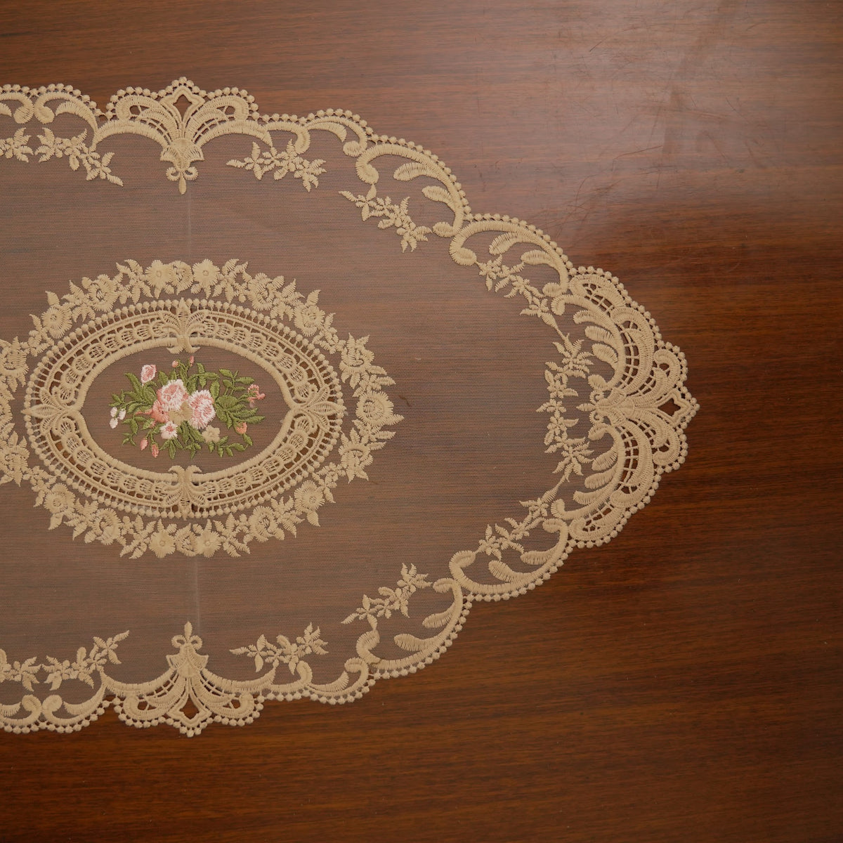 Gold Rose Medallion Sheer Lace Table Runner (Long)