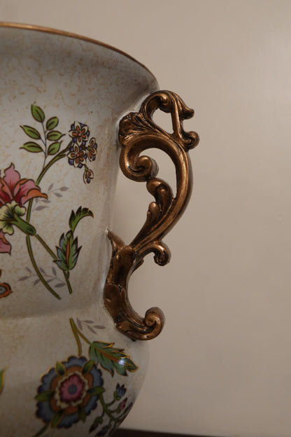 Ivory Floral Ceramic Urn Vase with Gold Scroll Handles & Pedestal