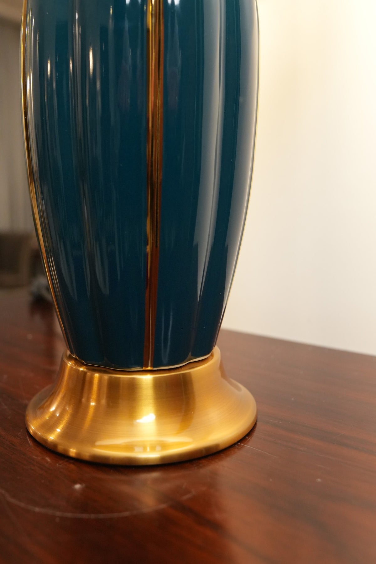 Teal Fluted Ceramic Table Lamp with Gold Stripes