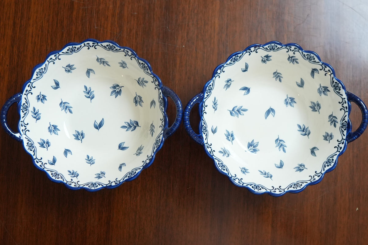 Indigo Leaf Scalloped Ceramic Serving Bowl with Handles Set of 2