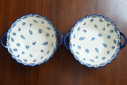 Indigo Leaf Scalloped Ceramic Serving Bowl with Handles Set of 2