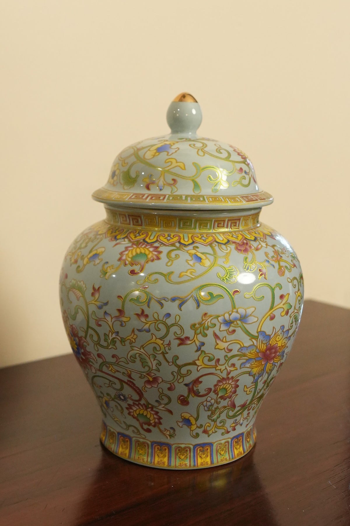 Ivory Lotus Ceramic Ginger Jar with Gold Greek Key