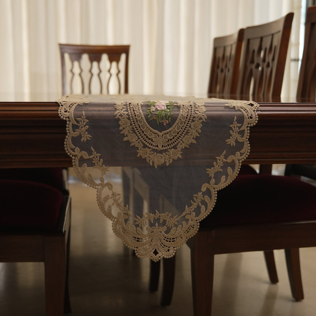 Gold Rose Medallion Sheer Lace Table Runner (Long)