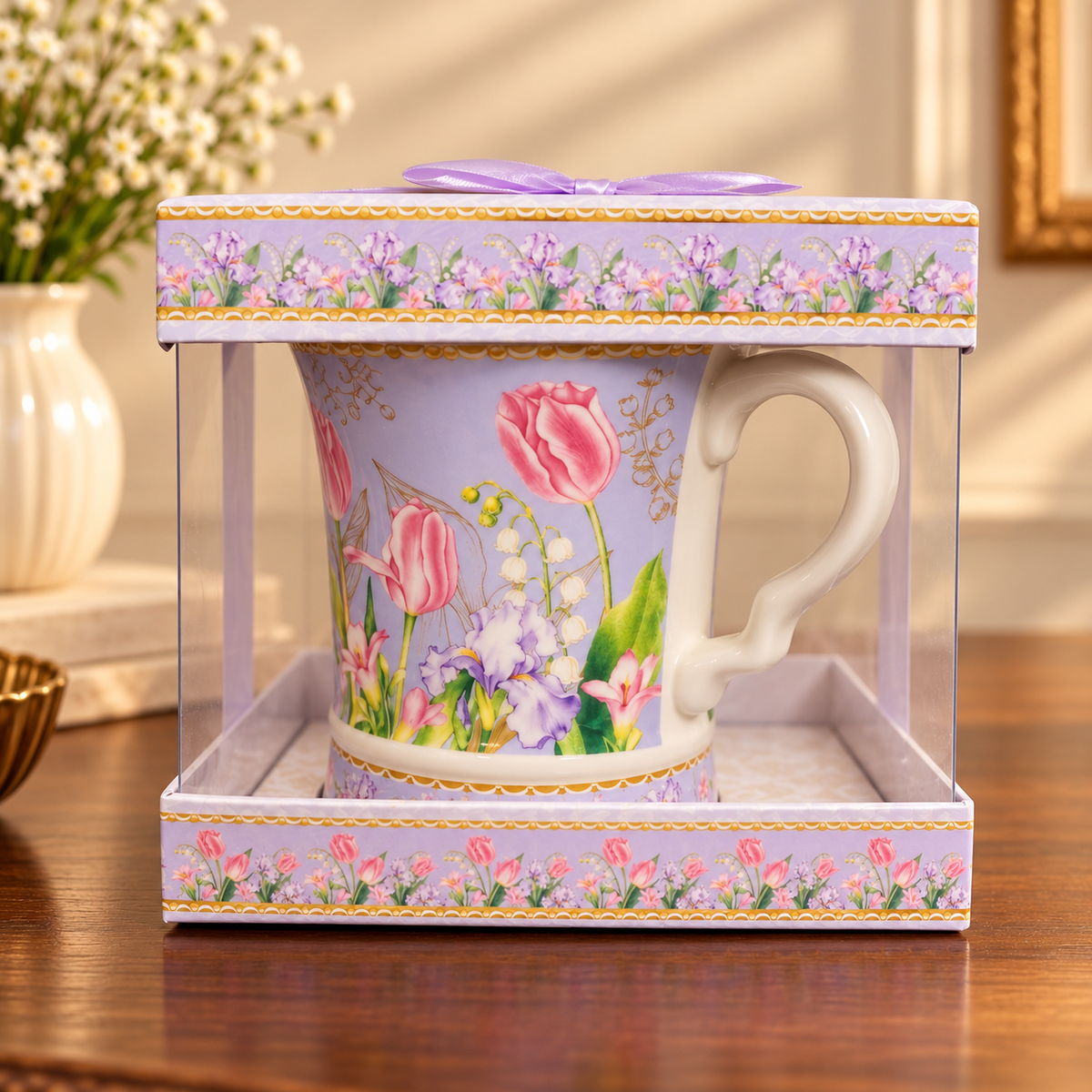 Lilac Tulip Ceramic Mug with Clear Gift Box