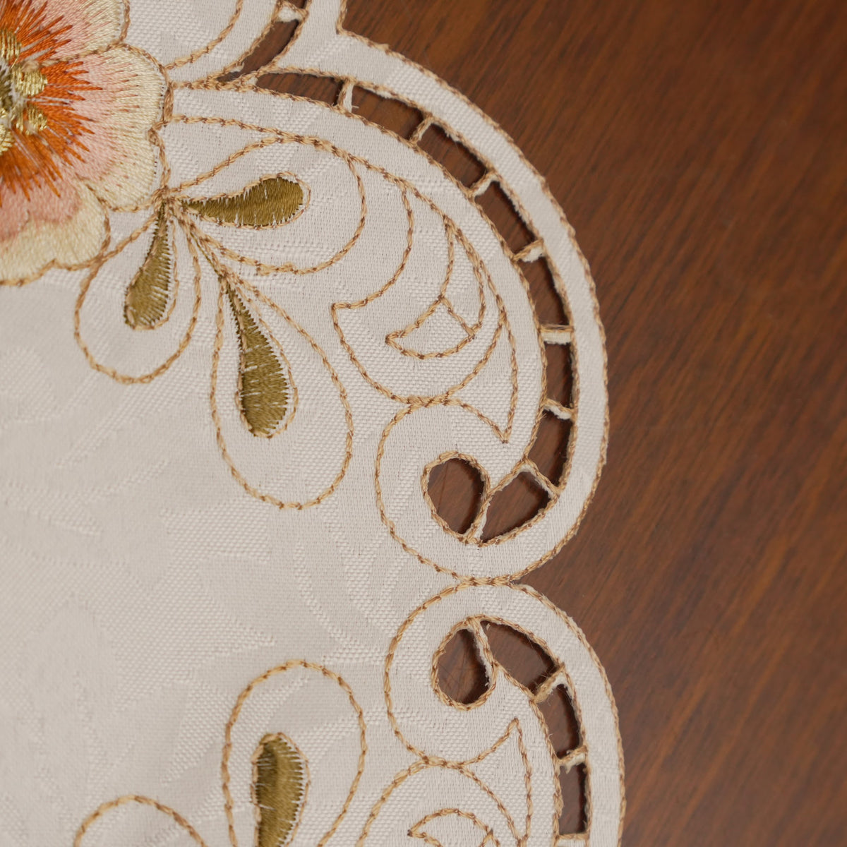 Peach Floral Embroidered Cutwork Round Table Mat (Set of 2)