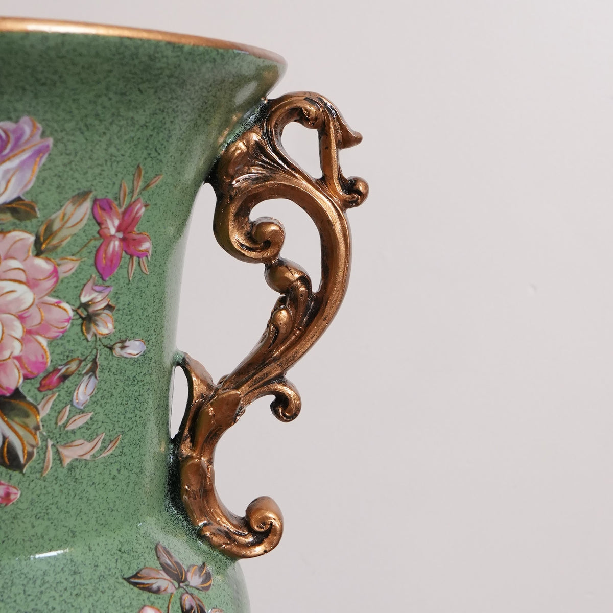 Sage Green Peony Ceramic Trumpet Vase with Gold Scroll Handles & Pedestal