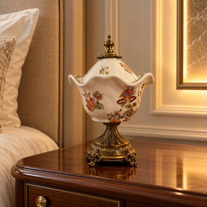 Ivory Jacobean Floral Ceramic Scalloped Lidded Urn with Brass Pedestal