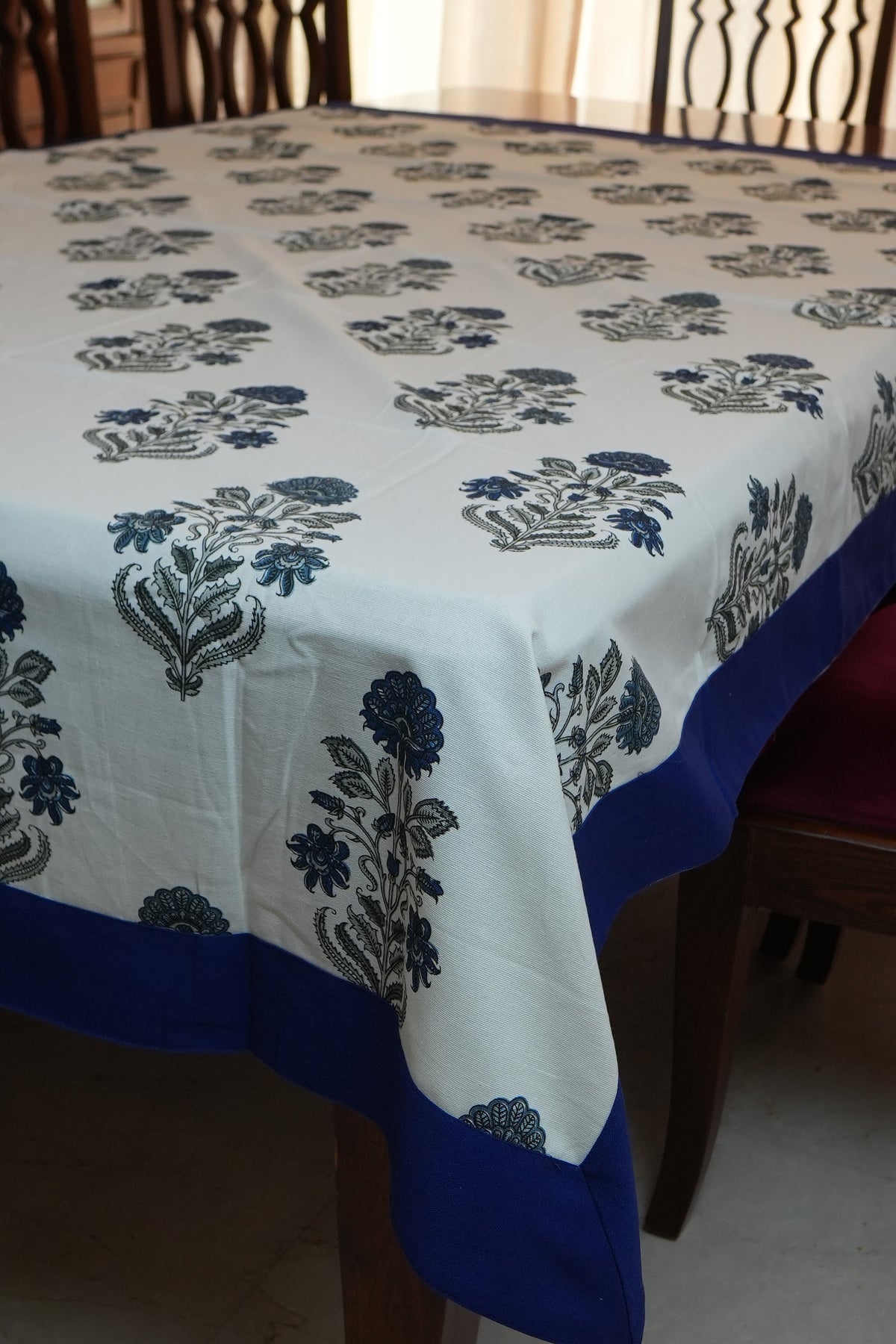Navy Floral Buta Print Table Sheet with Blue Border (6 Seater)