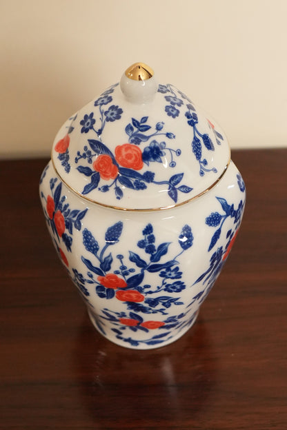 Blue & White Ceramic Ginger Jar with Red Blossoms
