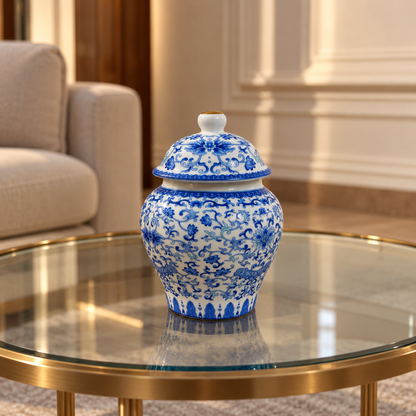 Blue Floral Ceramic Lidded Jar with Gold Knob