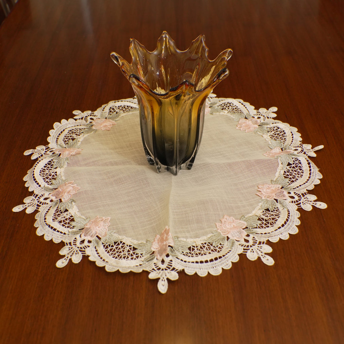 Pink Rose Cutwork Lace Large Round Table Mat (Single)