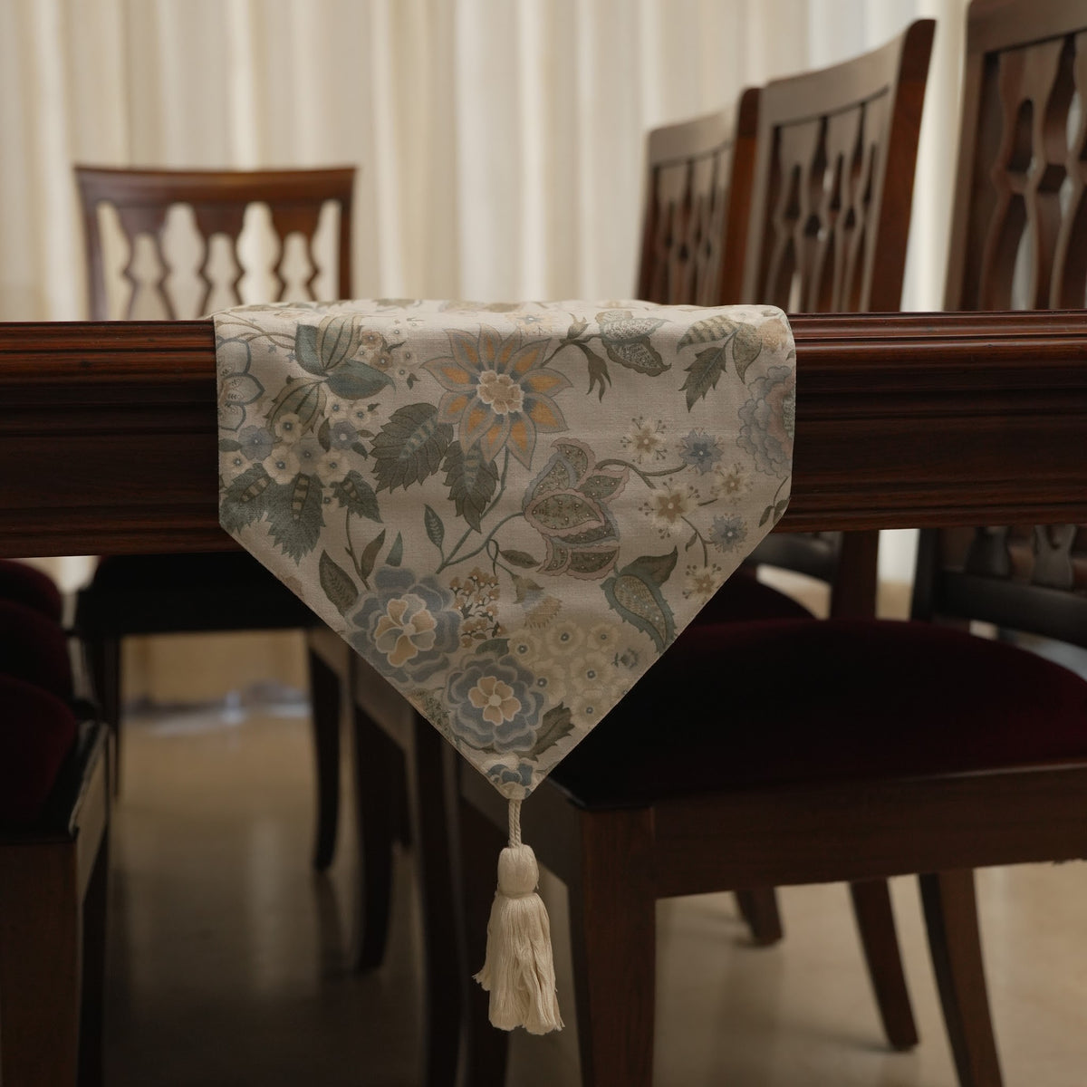 Sage Floral Print Table Runner with Tassels (Long)