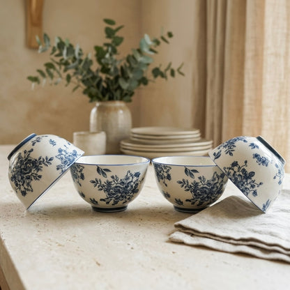 Indigo Rose Ceramic Rice Bowl Set of 4