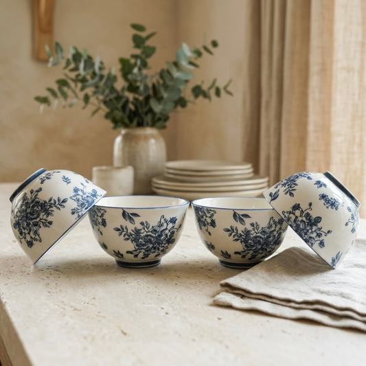 Indigo Rose Ceramic Rice Bowl Set of 4