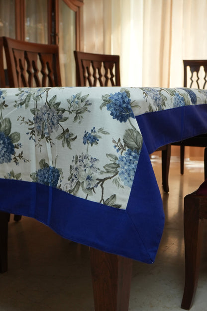 Blue Hydrangea Print Table Sheet with Blue Border (6 Seater)