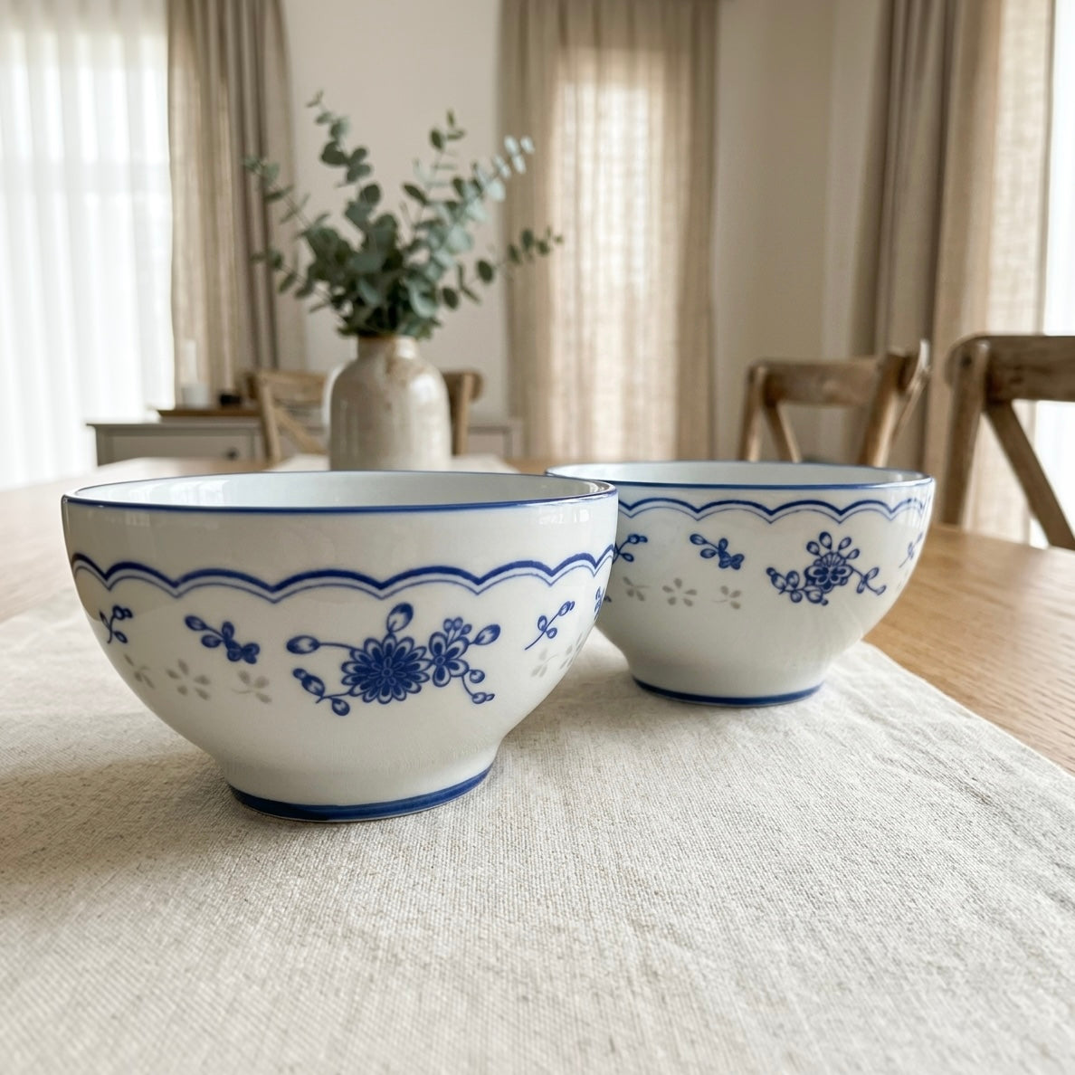 Blue Sprig Scalloped Ceramic Rice Bowl Set of 2