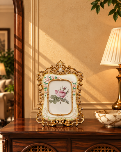 Ivory & Gold Filigree Photo Frame with Rose Accents