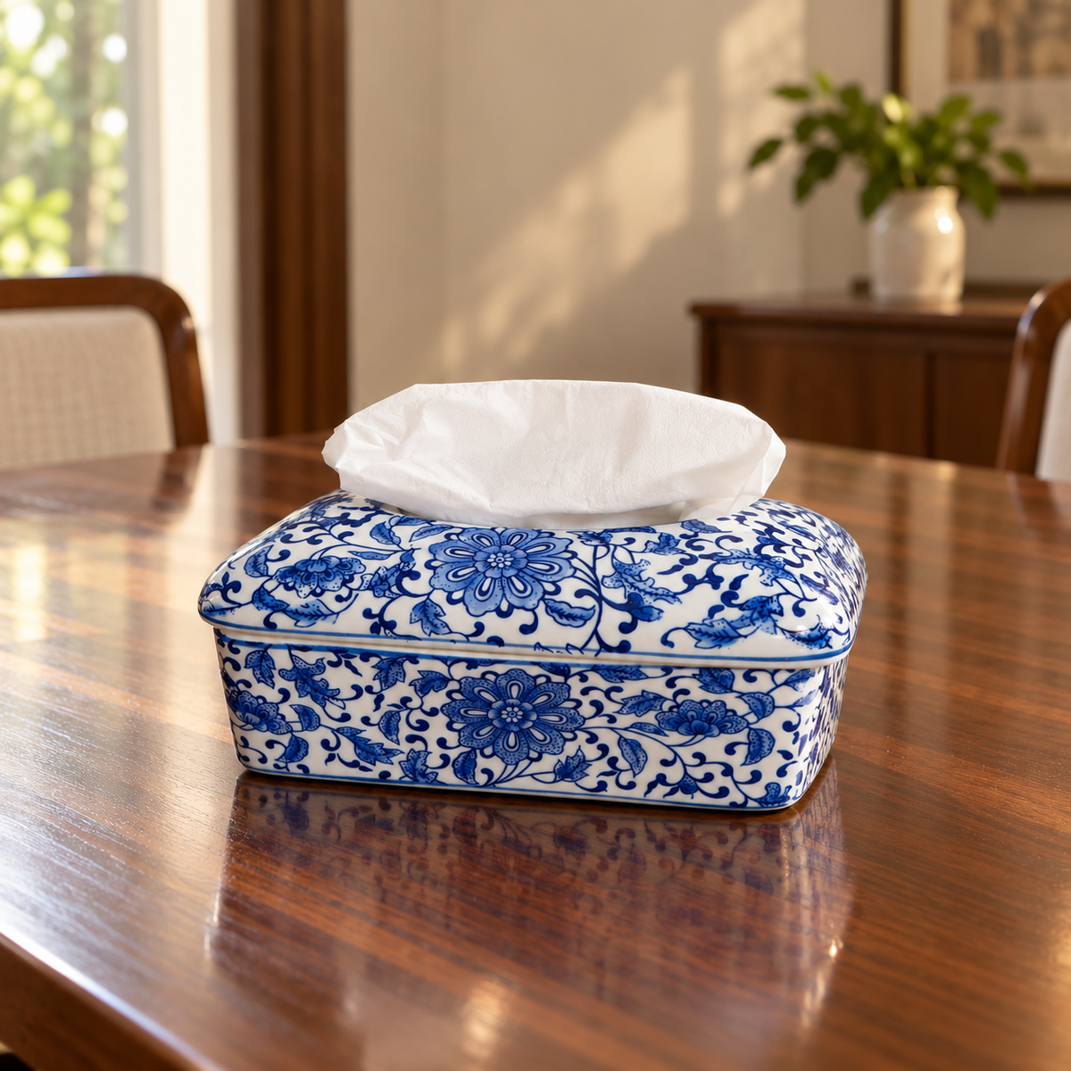 Blue Lotus Scroll Ceramic Tissue Box