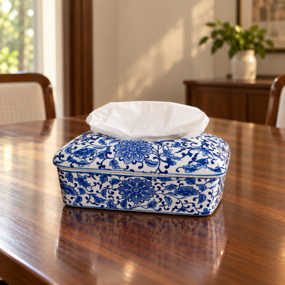 Blue Lotus Scroll Ceramic Tissue Box