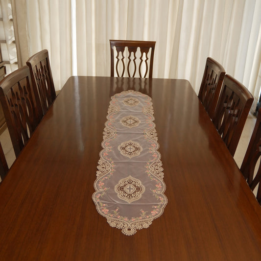 Gold Lace & Pink Floral Vine Sheer Table Runner (Long)