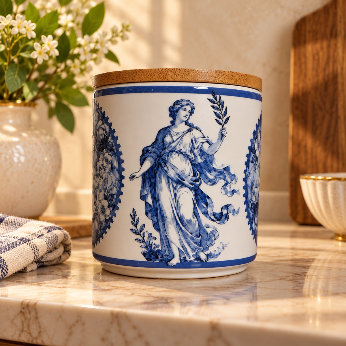 Blue Toile Ceramic Storage Jar with Bamboo Lid