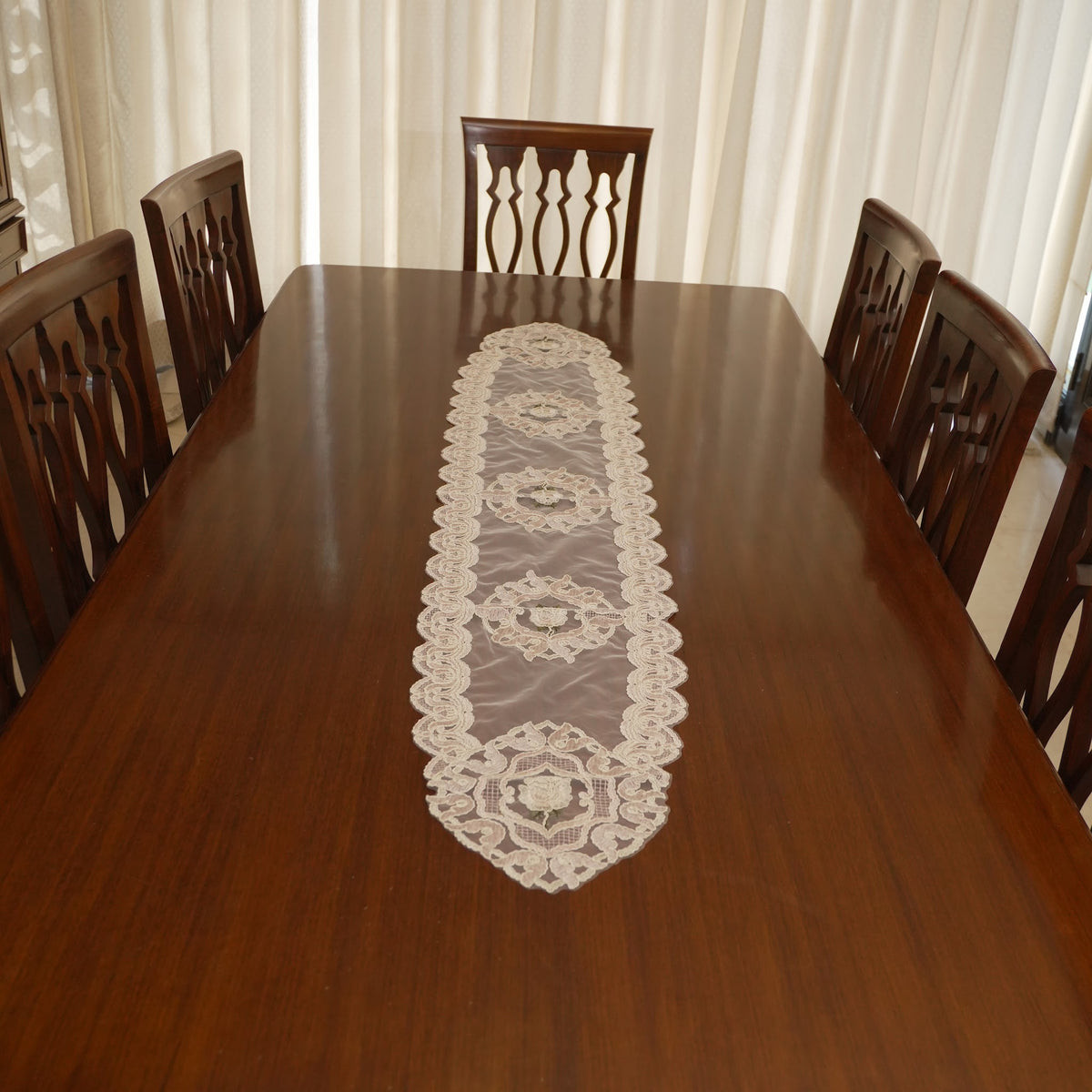 Beige Lace Medallion Sheer Table Runner (Long)