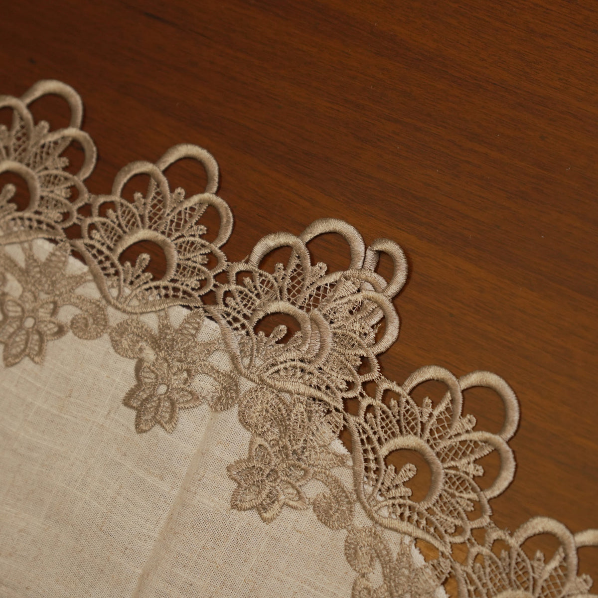 Close-up of the taupe floral lace border