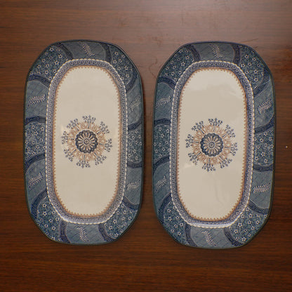 Teal Mandala Ceramic Serveware - Rectangular Serving Platter (Large) | Set of 2