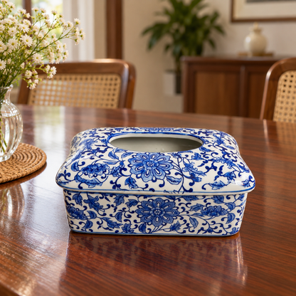 Blue Lotus Scroll Ceramic Tissue Box