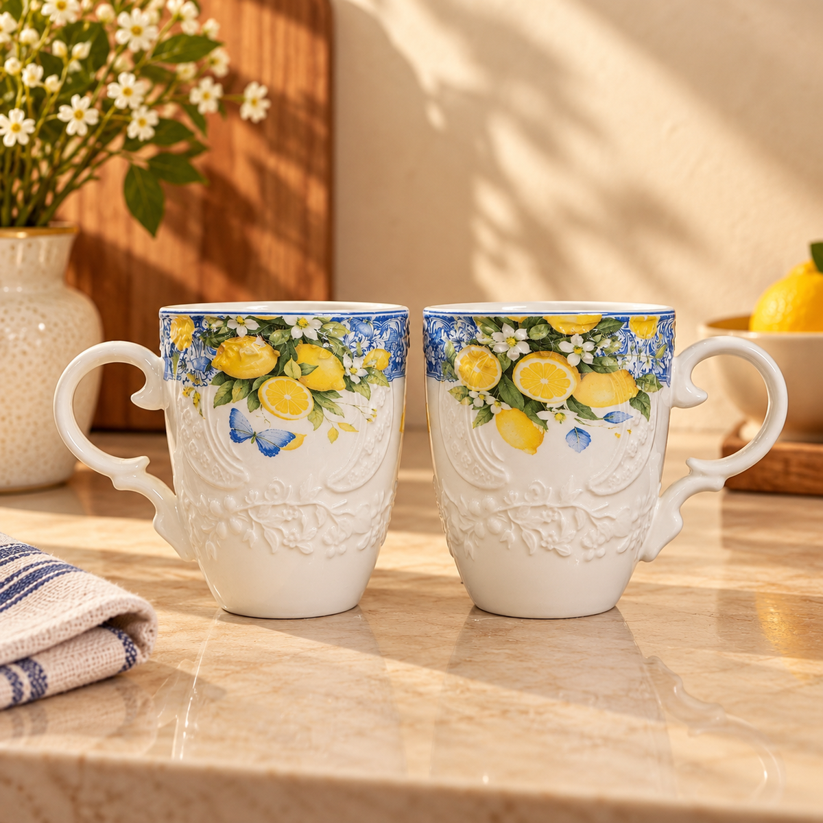 Sorrento Blue Lemon Embossed Ceramic Mug (Set of 2)
