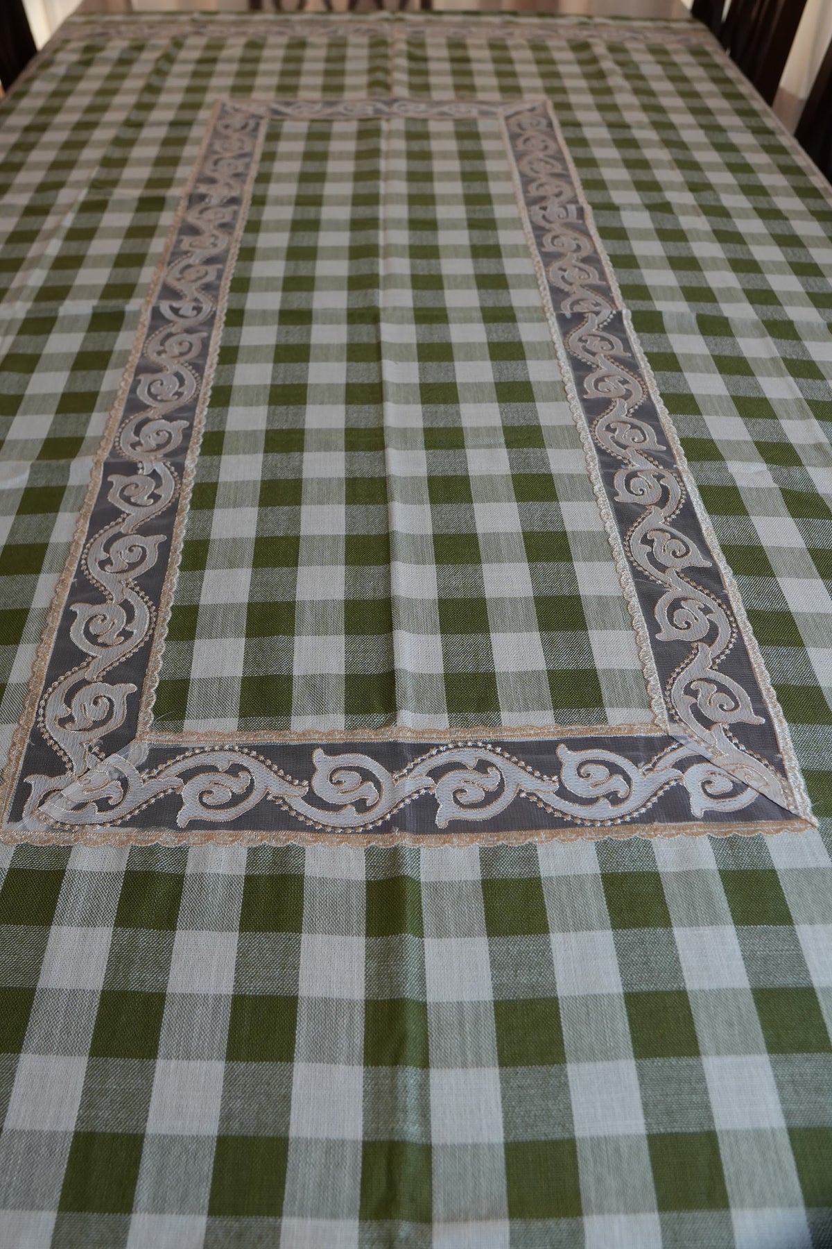 Olive Green Gingham Check Table Sheet with Scroll Lace Panel (6 Seater)