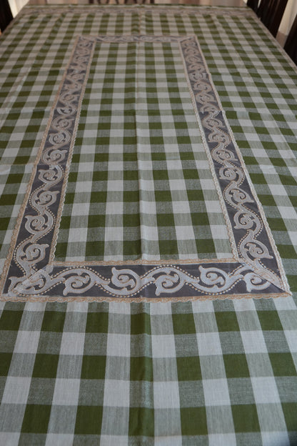 Olive Green Gingham Check Table Sheet with Scroll Lace Panel (6 Seater)