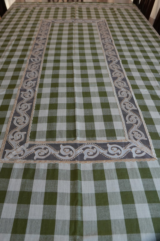 Olive Green Gingham Check Table Sheet with Scroll Lace Panel (6 Seater)
