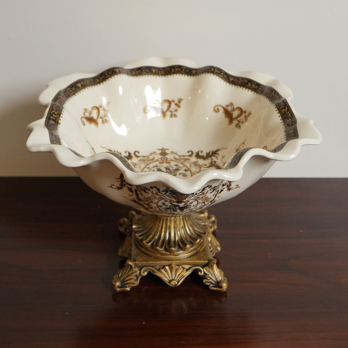 Ivory Baroque Ceramic Fluted Centerpiece Bowl with Gold Pedestal