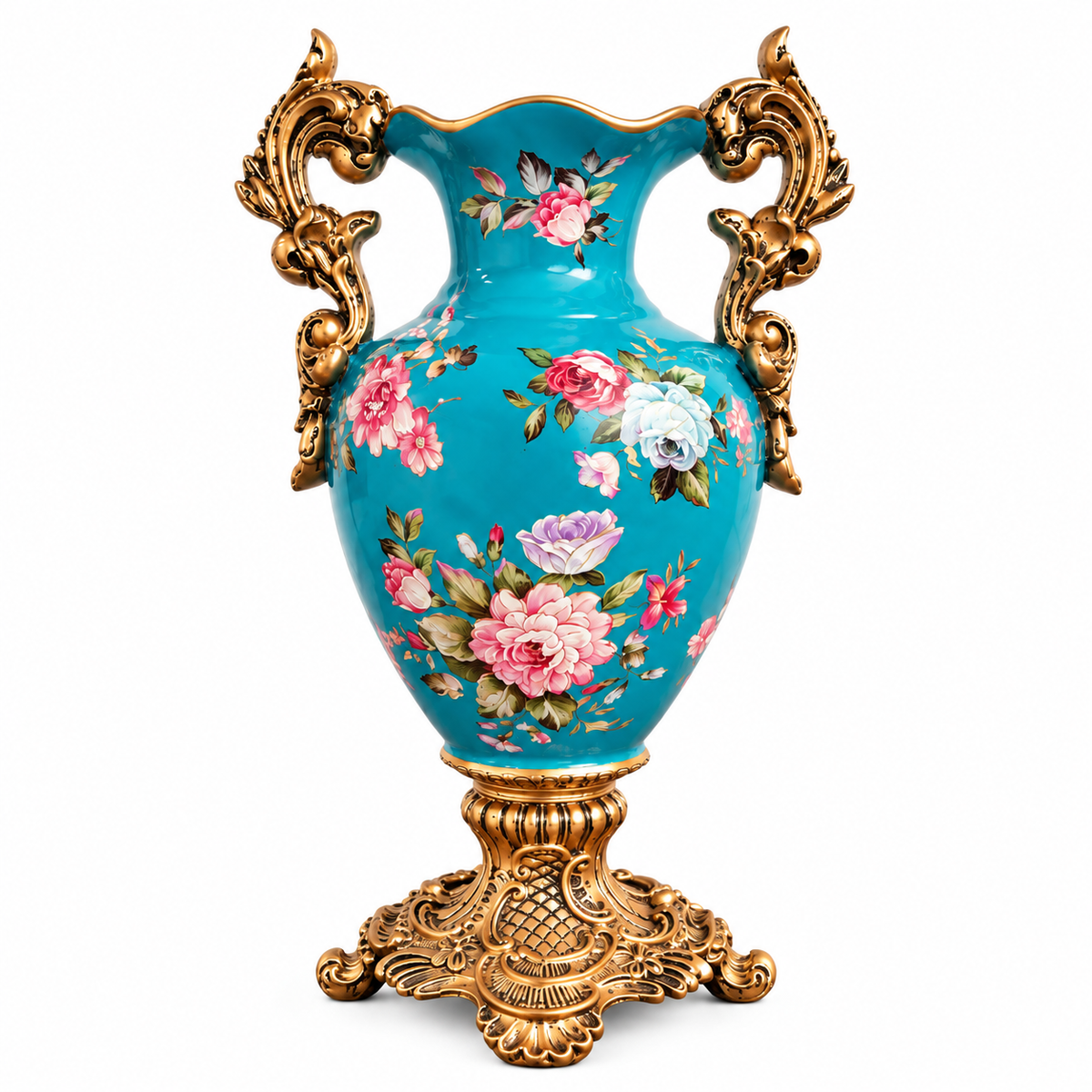 Teal Rose Bouquet Ceramic Vase with Gold Scroll Handles & Pedestal