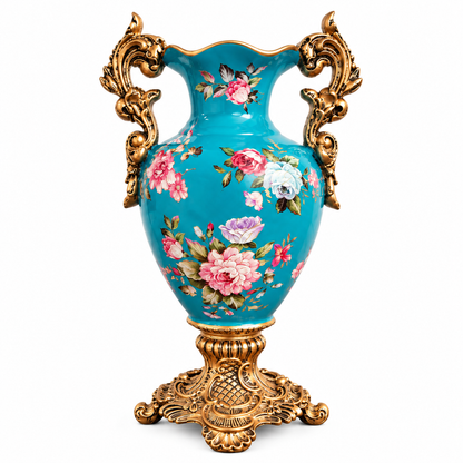 Teal Rose Bouquet Ceramic Vase with Gold Scroll Handles & Pedestal