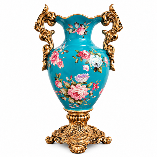 Teal Rose Bouquet Ceramic Vase with Gold Scroll Handles & Pedestal