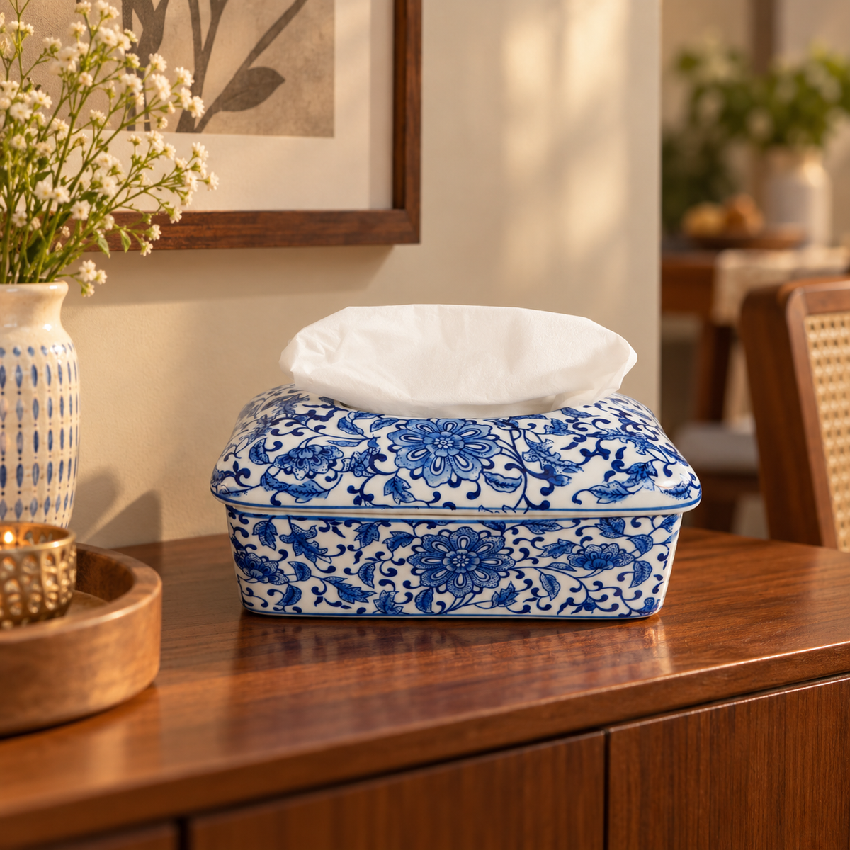 Blue Lotus Scroll Ceramic Tissue Box