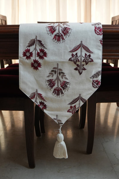Maroon Floral Buta Table Runner with Tassels (Long)
