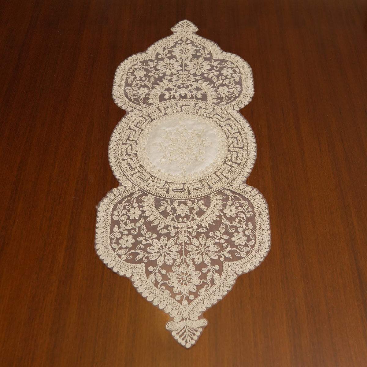 Ivory Greek Key Medallion Lace Table Runner (Small)