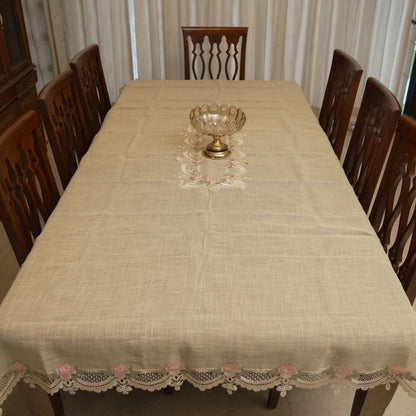 Pink rose lace table sheet styled with a centrepiece