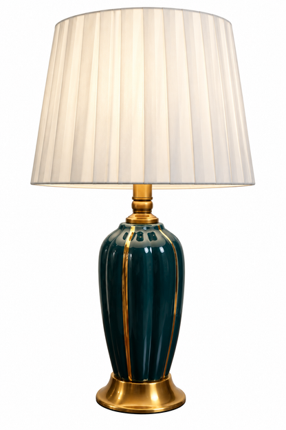 Teal Fluted Ceramic Table Lamp with Gold Stripes
