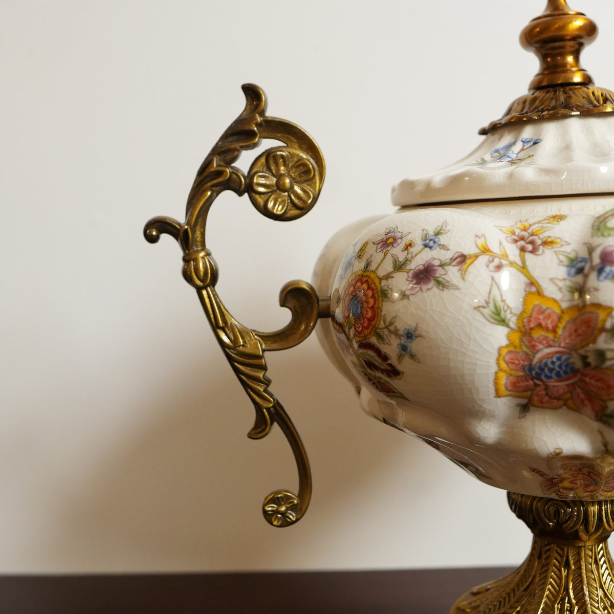 Ivory Jacobean Floral Ceramic Lidded Urn with Gold Scroll Handles & Pedestal