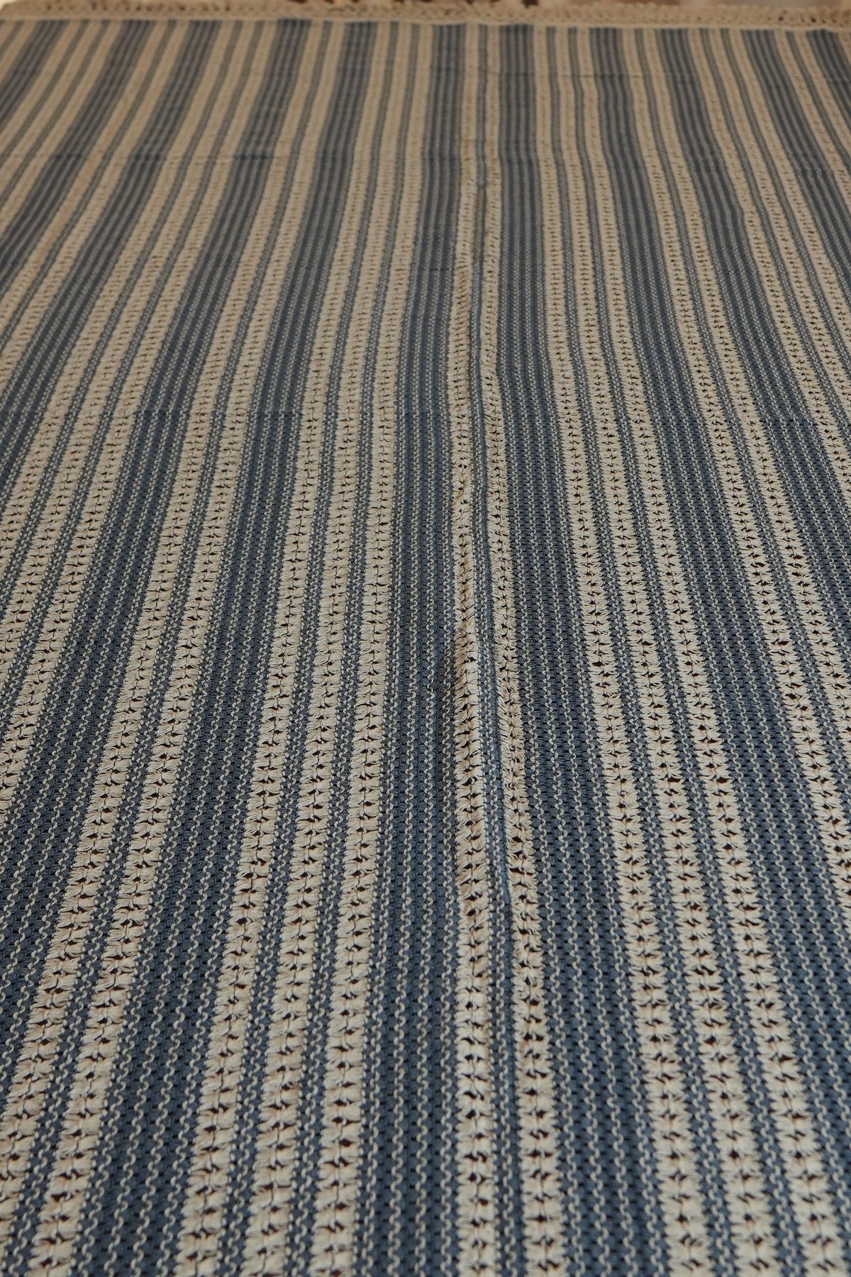 Navy & Cream Woven Stripe Table Sheet with Crochet Fringe (6 Seater)