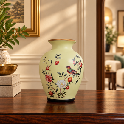 Cream Pomegranate & Bird Flared-Neck Ceramic Vase