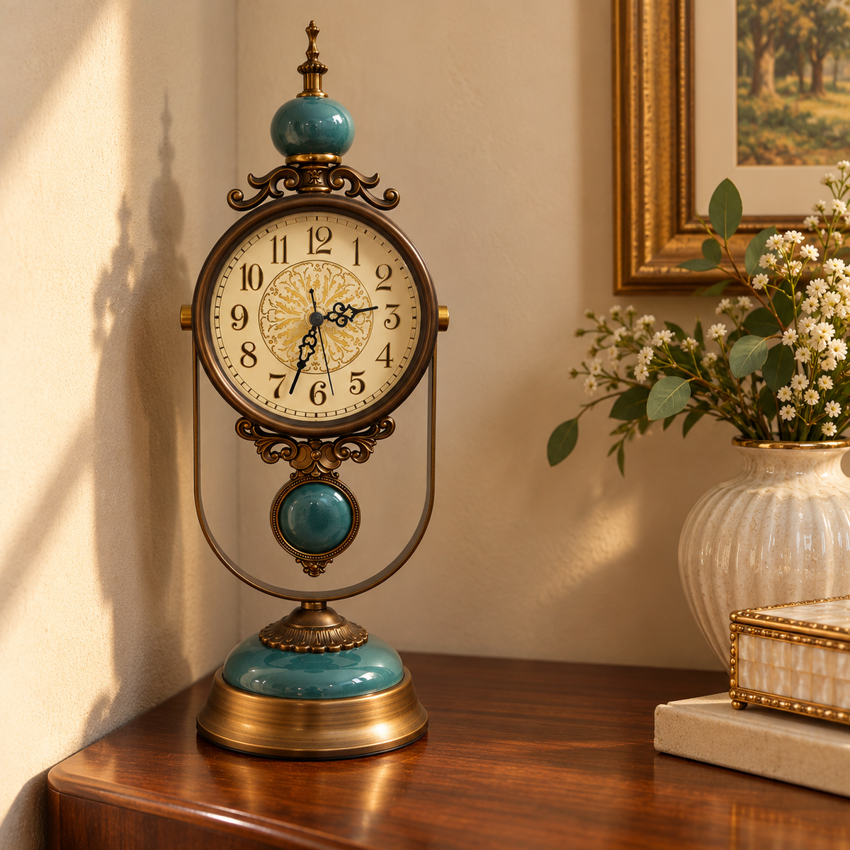 Teal Crackle Porcelain & Brass Pendulum Table Clock