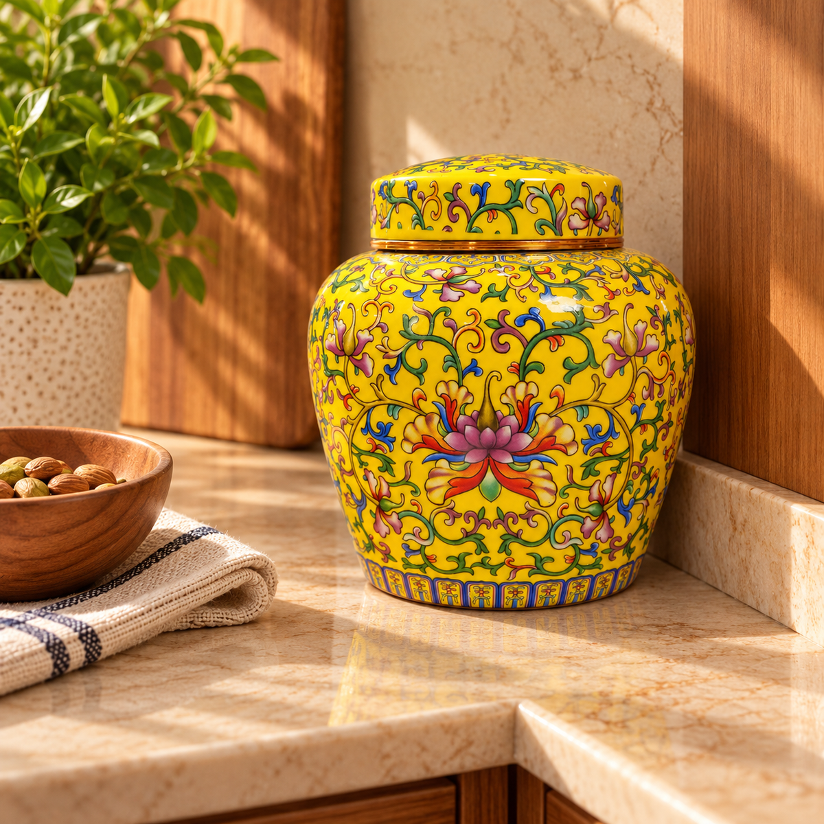 Imperial Yellow Enamel Lotus Ceramic Lidded Jar