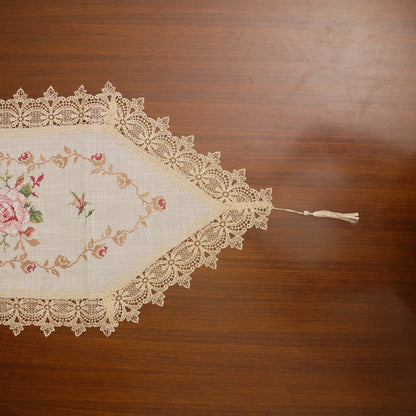 Pink Rose Embroidered Linen Lace Border Table Runner (Long)