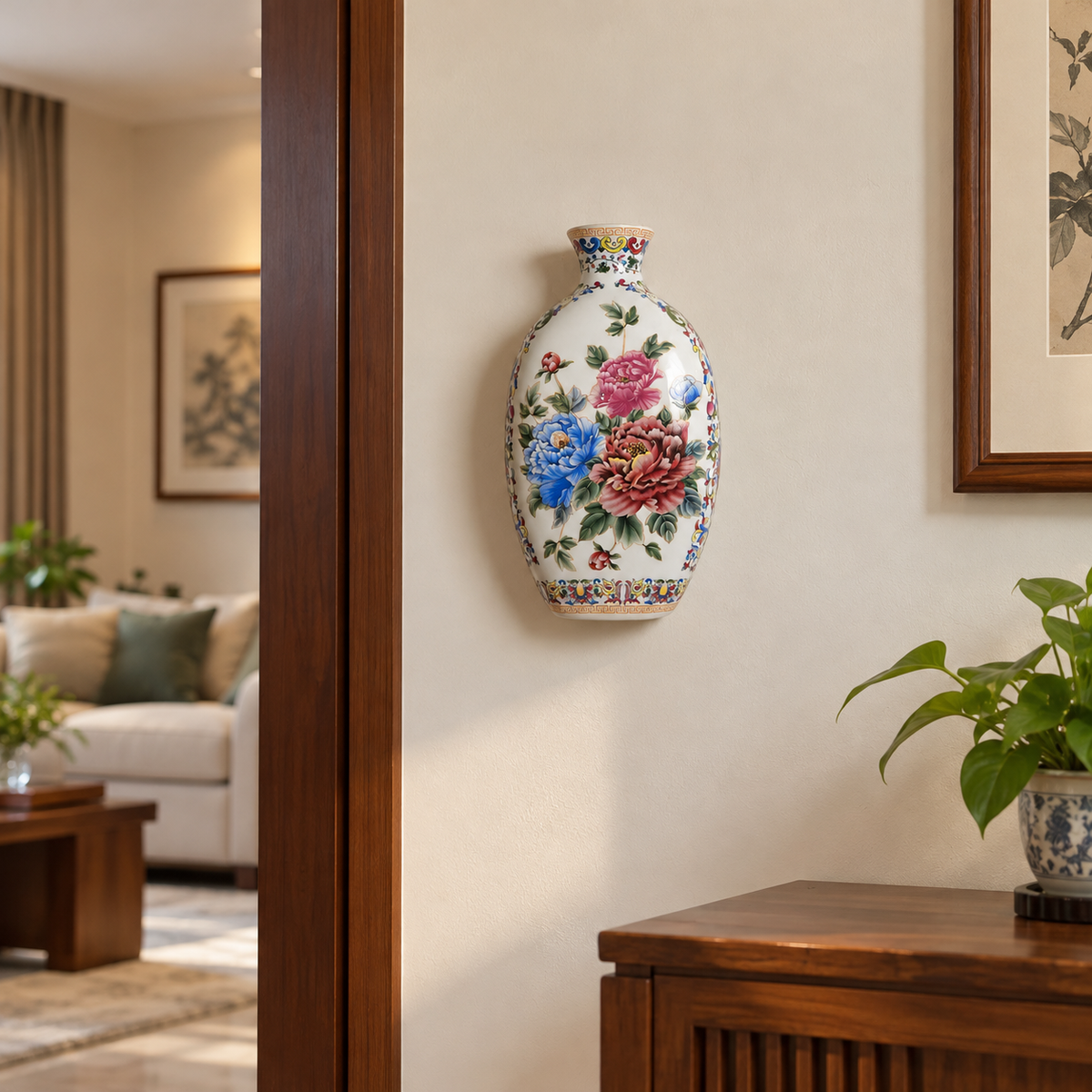 Peony Bouquet Ceramic Oval Flask Vase